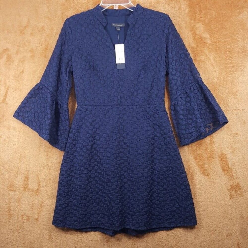 BANANA REPUBLIC Dress Womens Size 4 Blue Fit Flare Embroidered Bell Sleeve $125